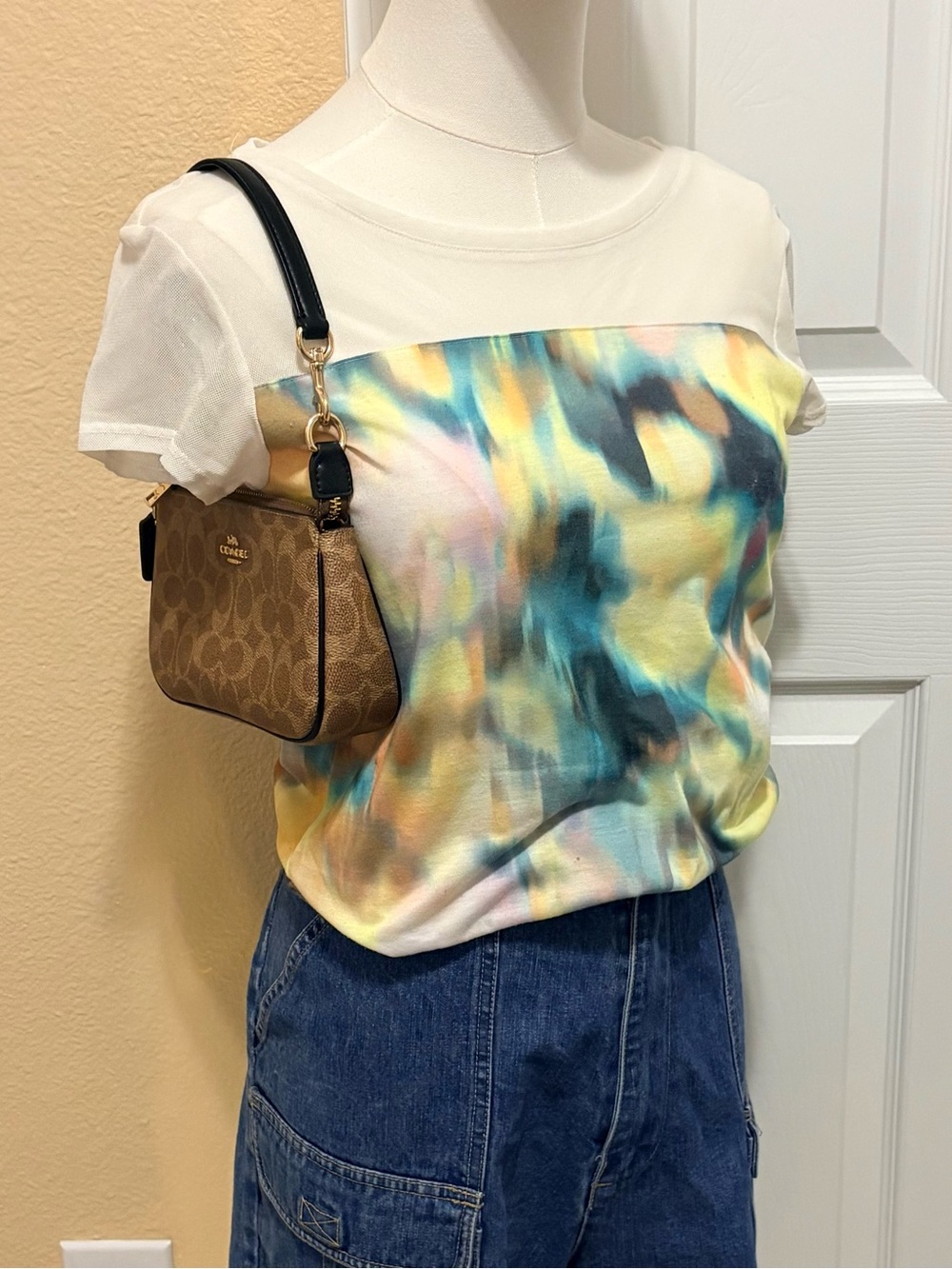Calvin Klein White Tee with Multicolor Abstract Watercolor Panel